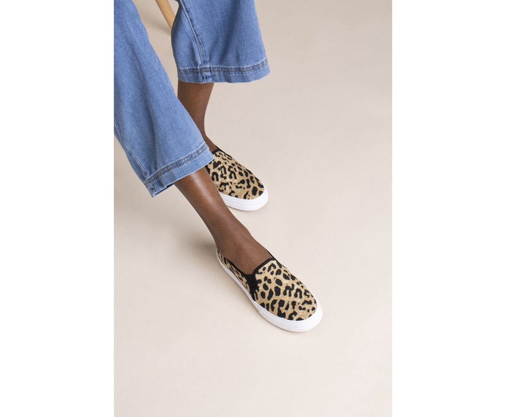 Keds Slip Ons Brown - Double Decker Leopard - Womens JWOVZB-652